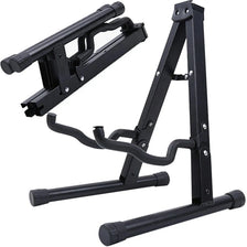 Black universal folding A-frame guitar stand with adjustable clamps and support arms