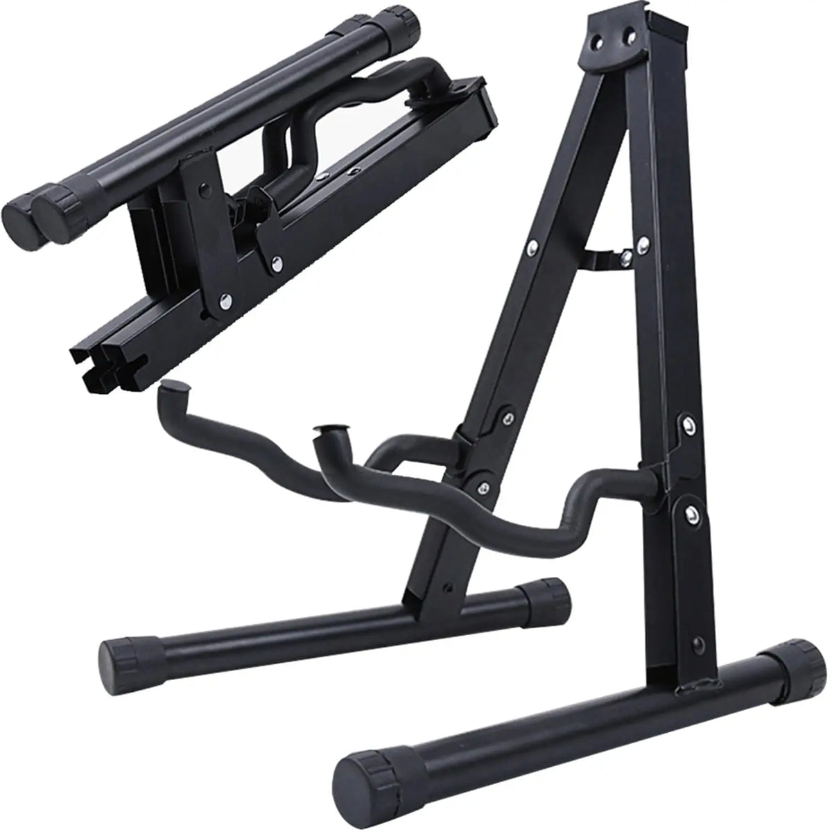 Black universal folding A-frame guitar stand with adjustable clamps and support arms