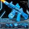 A blue electric water gun toy with a tank and various accessories shown on a dark background.