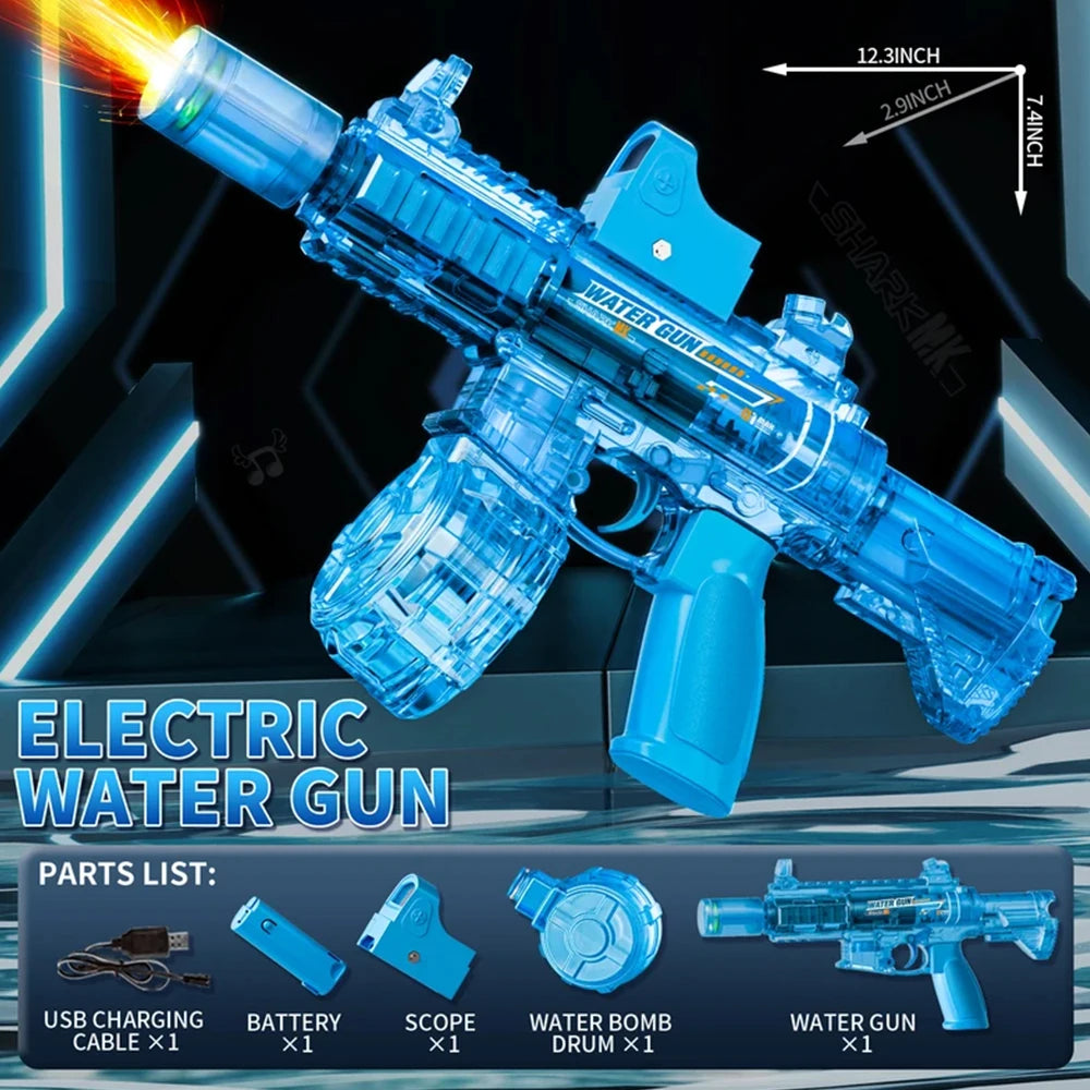 A blue electric water gun toy with a tank and various accessories shown on a dark background.