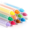 A collection of colorful, plastic chalk crayons in various shades are arranged diagonally on a white background.