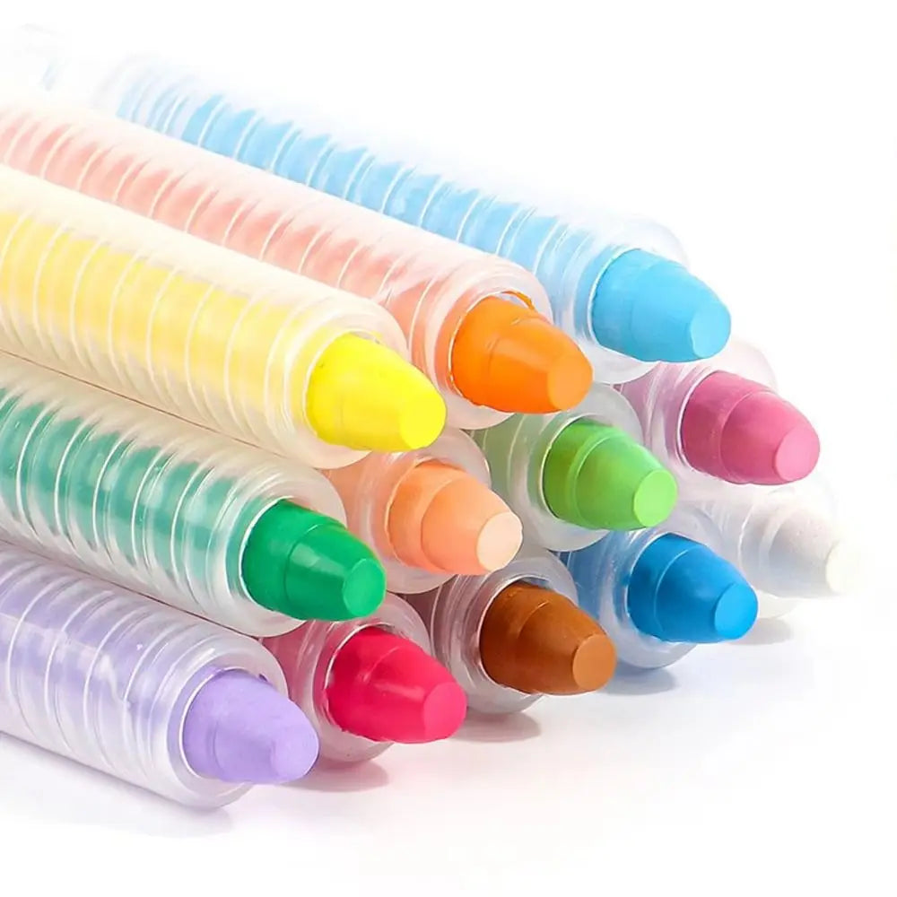 A collection of colorful, plastic chalk crayons in various shades are arranged diagonally on a white background.