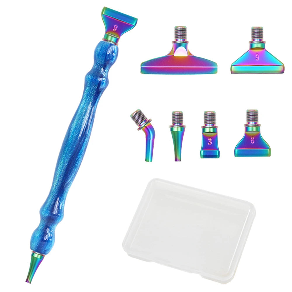 A set of resin diamond painting pens with various threaded dotting tips and a clear plastic storage tray.