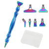 A set of resin diamond painting pens with various threaded dotting tips and a clear plastic storage tray.