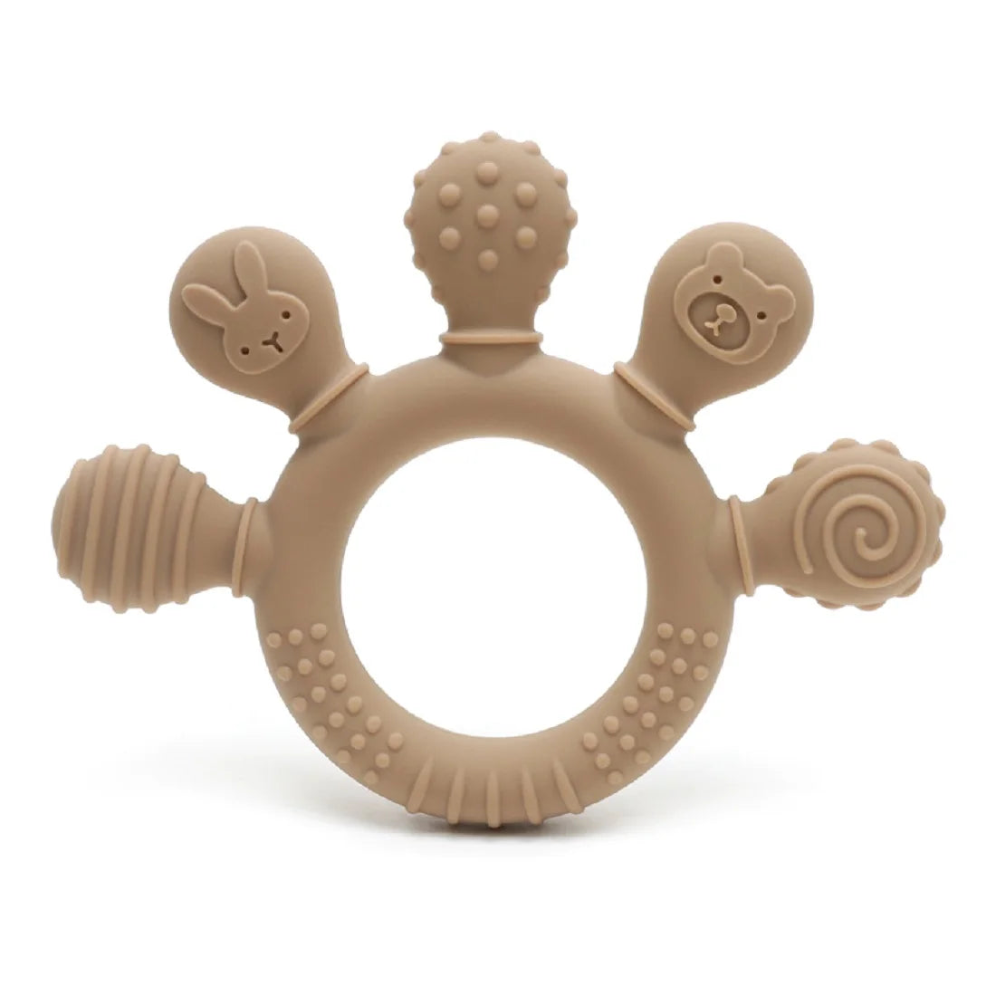 A silicone baby teether shaped like a ring with small beads and animal-like protrusions in a beige color.