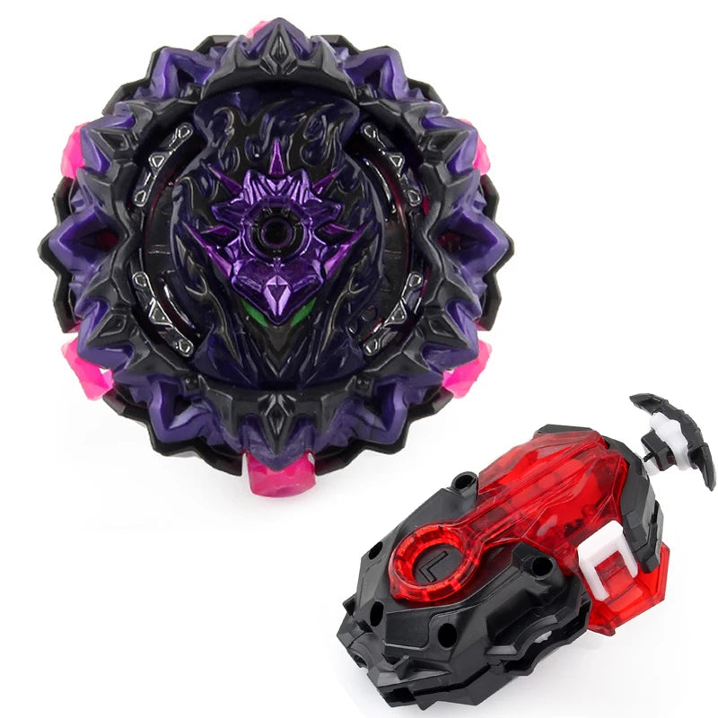 A black and purple metal spinning top battle set with a red string launcher.