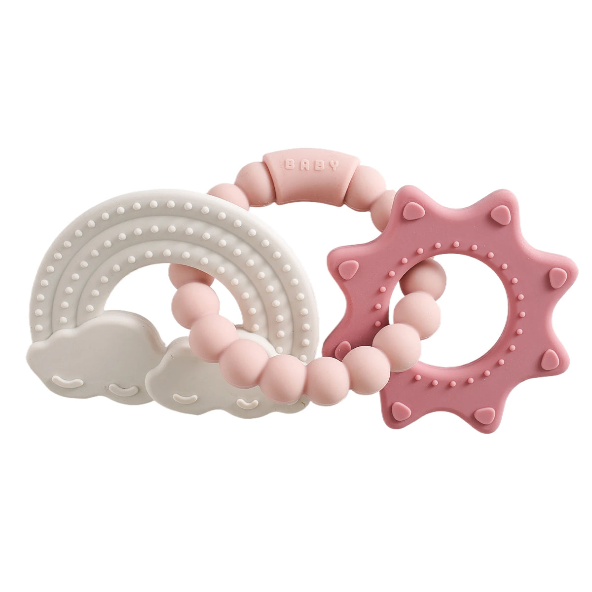 Pink silicone planet teether with a rainbow shape and cloud accents for babies
