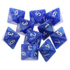 A set of ten blue acrylic polyhedral dice showing various numbers and symbols.
