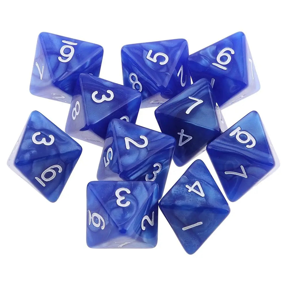 A set of ten blue acrylic polyhedral dice showing various numbers and symbols.