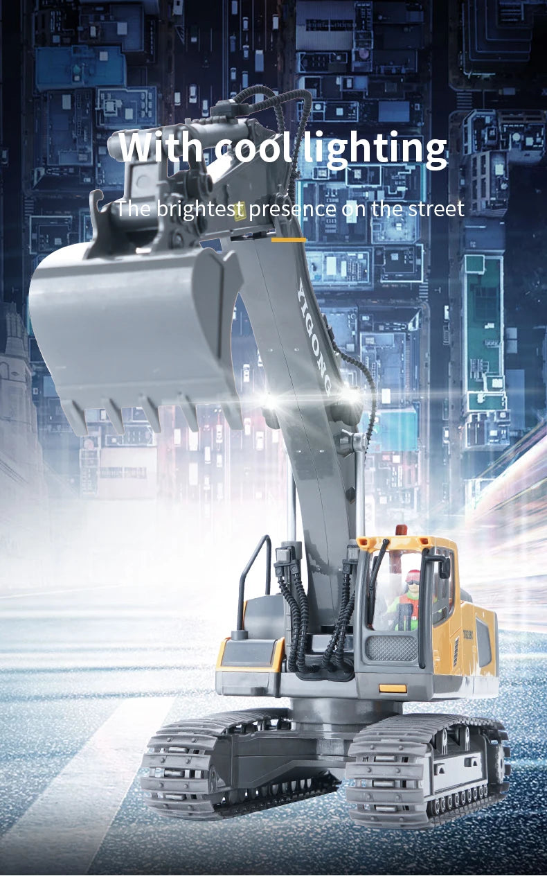 A yellow remote control construction excavator truck with cool lighting operating on a street scene.
