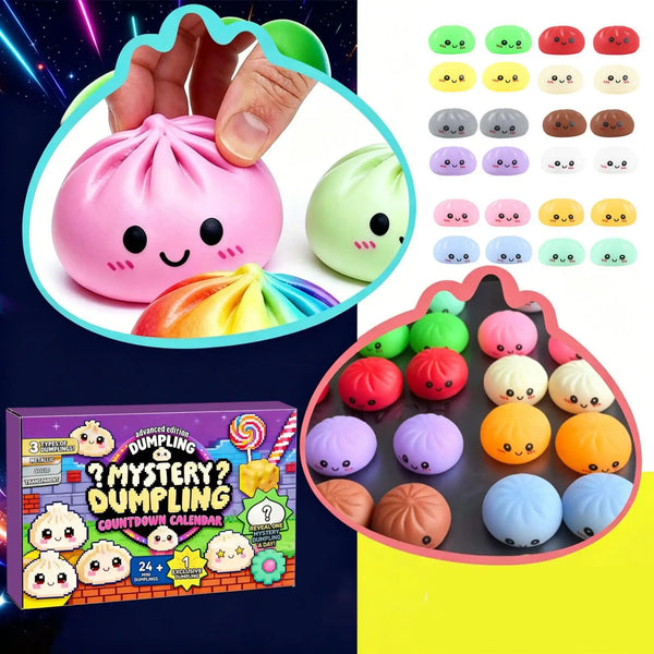 A pink squishy dumpling fidget toy with a cute face is shown next to various colored and shaped squishy toys.