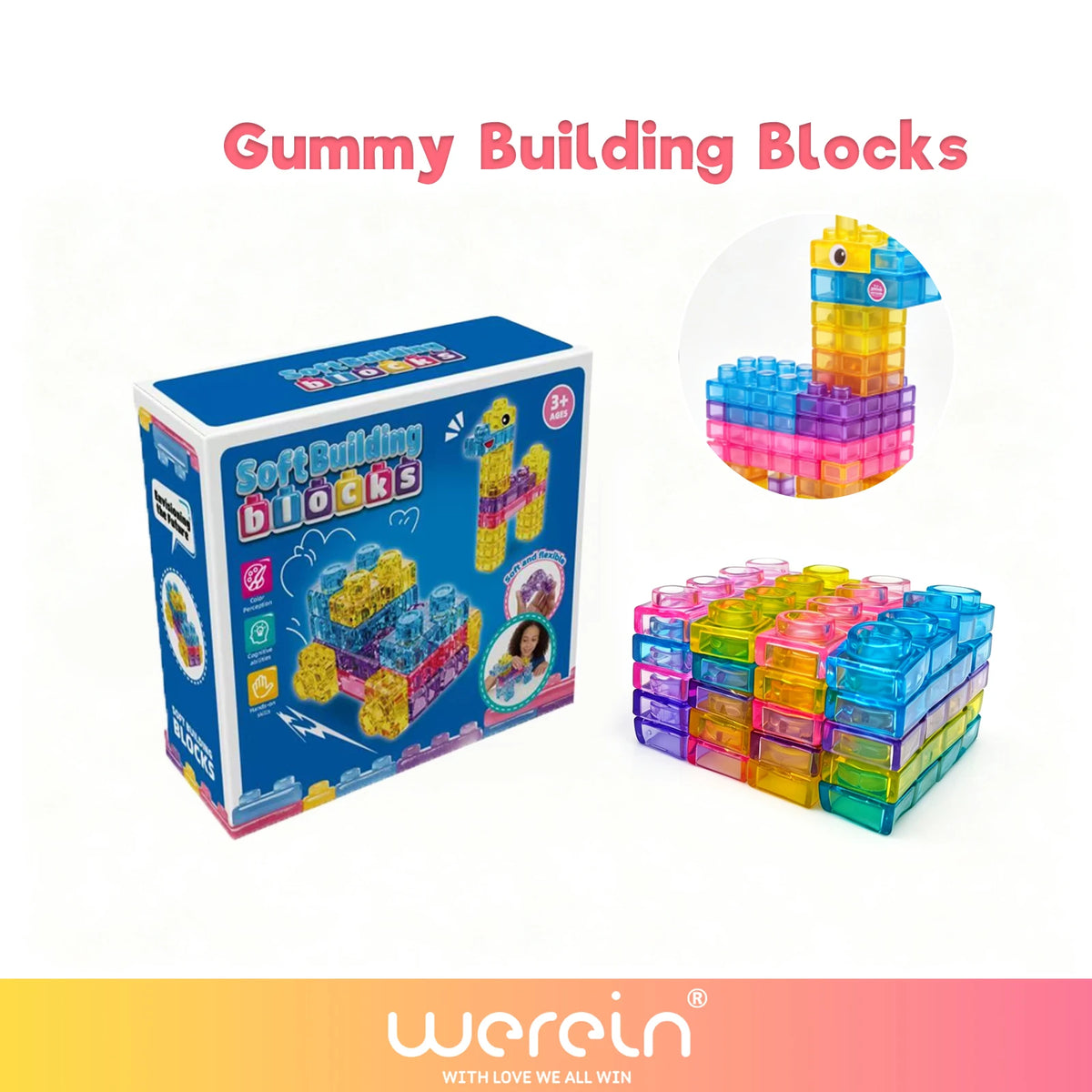 A box of gummy building blocks in various colors and shapes, shown next to a pile of colorful plastic blocks.