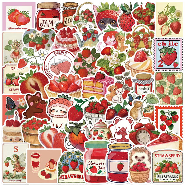 A collection of strawberry themed decals and stickers featuring various strawberry products and fruit imagery.