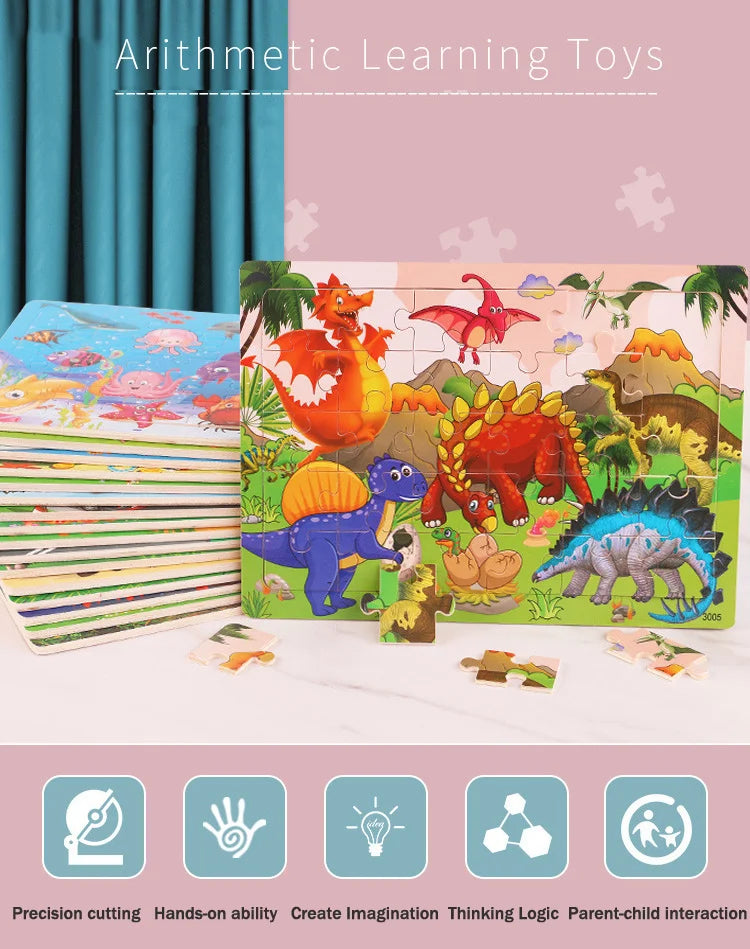 A set of wooden animal and vehicle tangram puzzles for children displayed on a white surface.