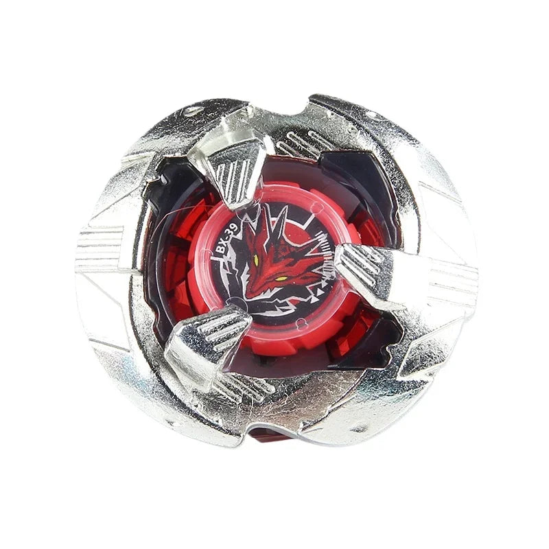 A silver metal spinning top with a red and black center design.