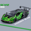 A green Lamborghini Essenza SCV12 diecast model car with a spoiler and detailed features.