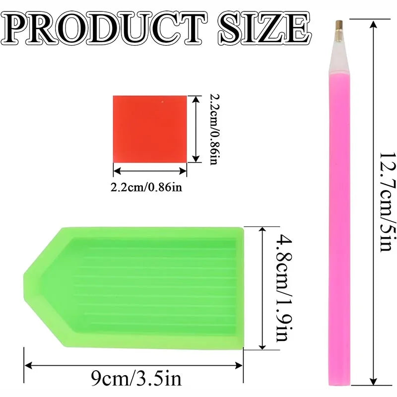 A set of diamond painting tools including a pink drill pen and a green ergonomic tool with various sizes.