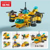 A yellow police helicopter and SWAT carrier vehicle building blocks set with accessories.