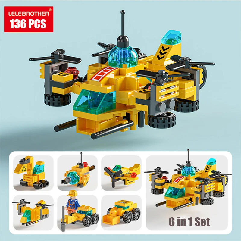 A yellow police helicopter and SWAT carrier vehicle building blocks set with accessories.
