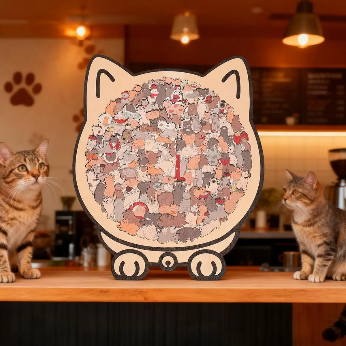 A wooden cat-shaped jigsaw puzzle featuring a crowd of cats in various colors displayed on a wooden shelf.