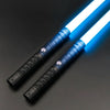 A blue lightsaber toy with a metal handle and rechargeable battery, illuminated against a dark background.