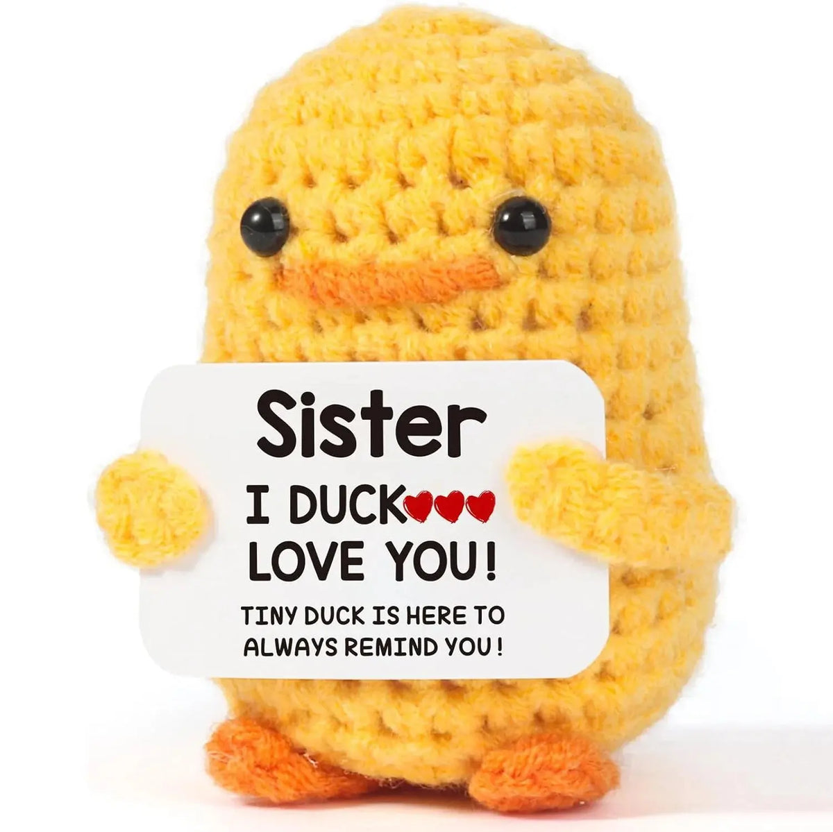 Handmade crochet sunflower pot doll in yellow with a message that says Sister I duck love you