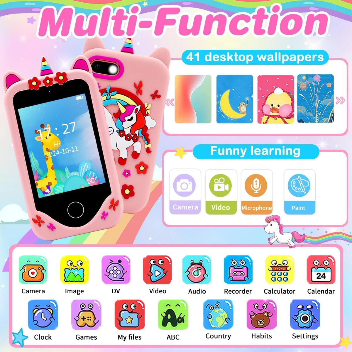 Kids' Smart Phone Toy with Dual Camera and 28 Learning Games