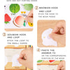 Instructions for an interactive quiet book activity showing how to stick answers and hooks onto the book pages