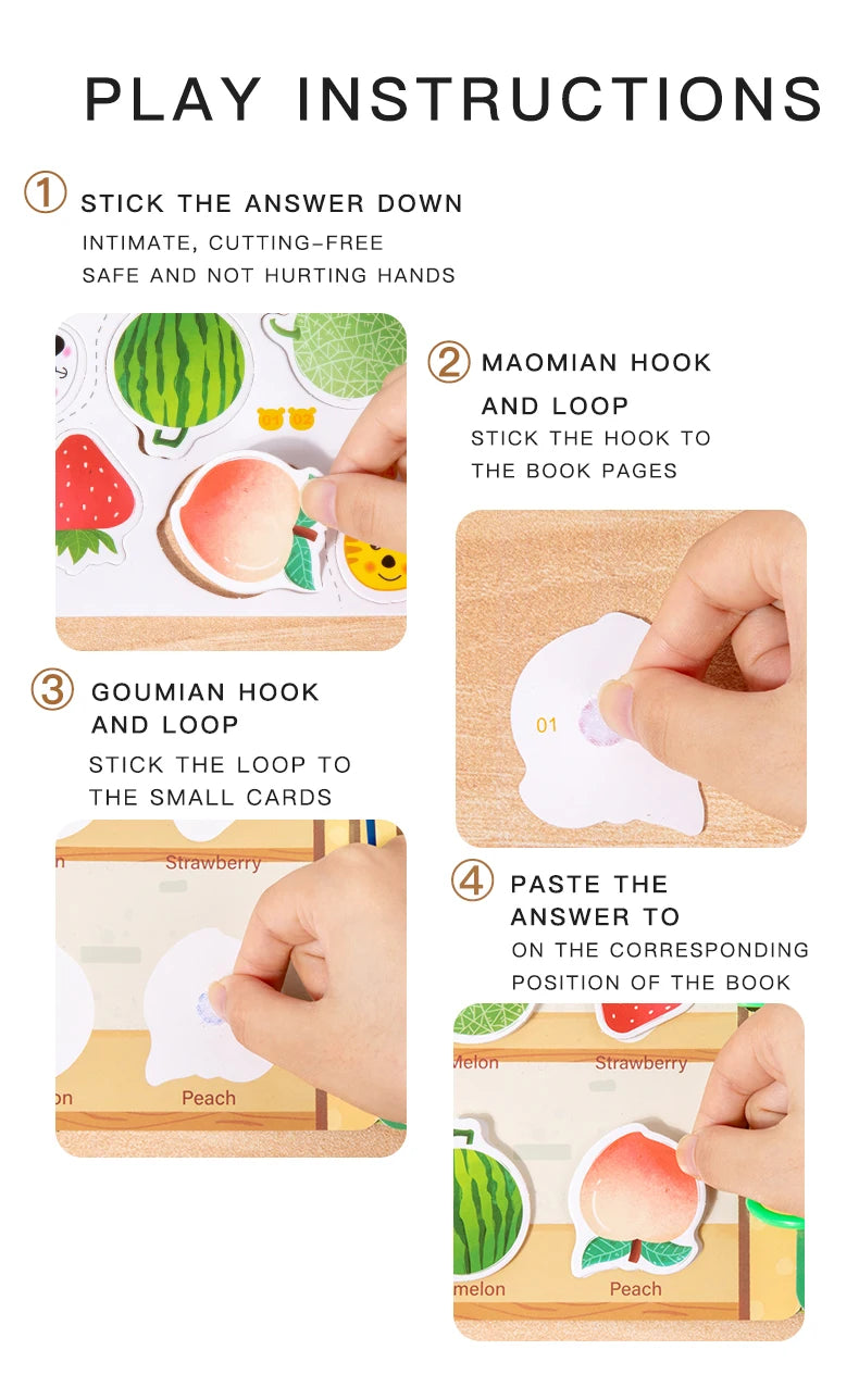Instructions for an interactive quiet book activity showing how to stick answers and hooks onto the book pages