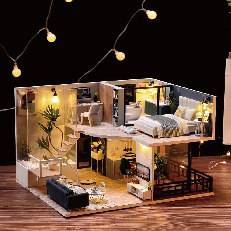 DIY Wooden Dollhouse Kit with Miniature Furniture – 3D Puzzle Craft Set