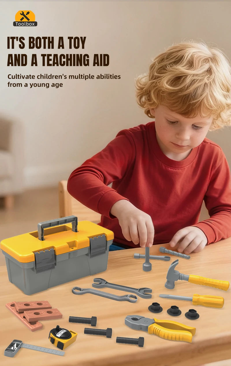 A young child is using a yellow and gray tool box set for pretend play, surrounded by various tools and accessories.