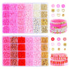 A large kit of colorful clay and alphabet beads for DIY jewelry making, packaged in multiple compartments.