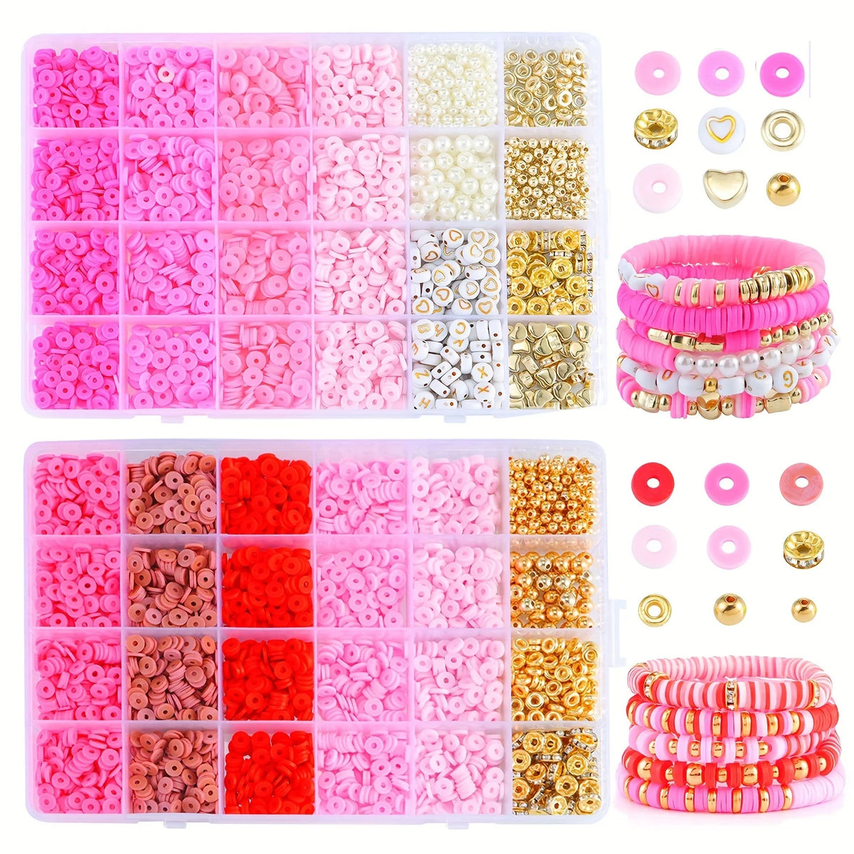A large kit of colorful clay and alphabet beads for DIY jewelry making, packaged in multiple compartments.