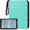 A teal PU leather card binder with a black zipper and attached strap, shown in a vertical orientation.