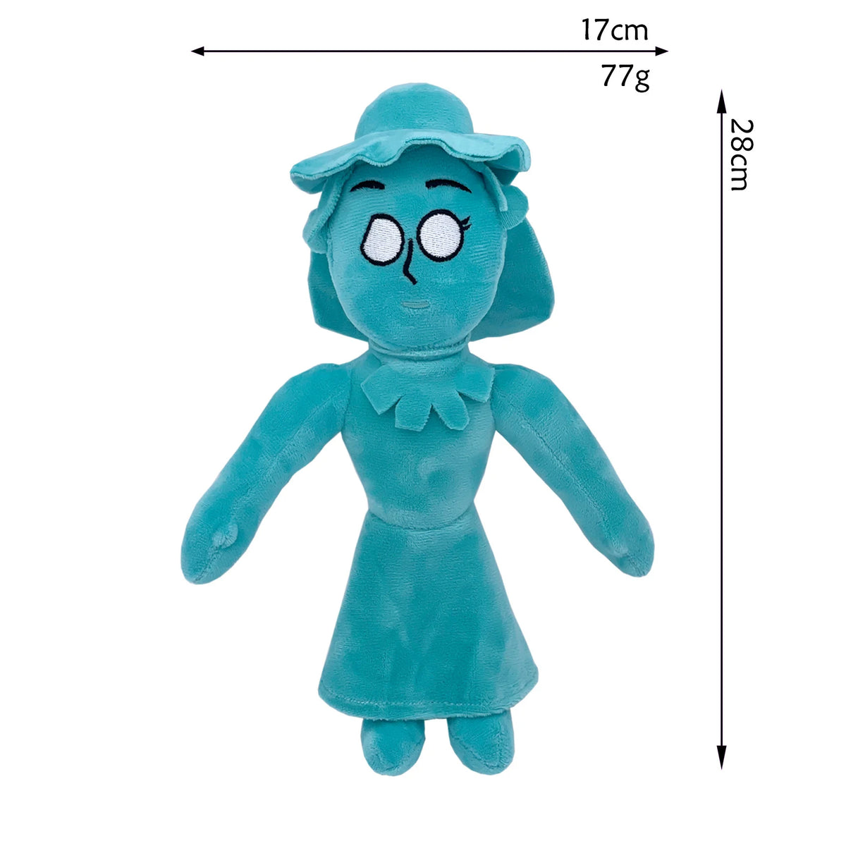 A teal plush toy of a character with large eyes and short hair, measuring 28cm tall and weighing 77g.