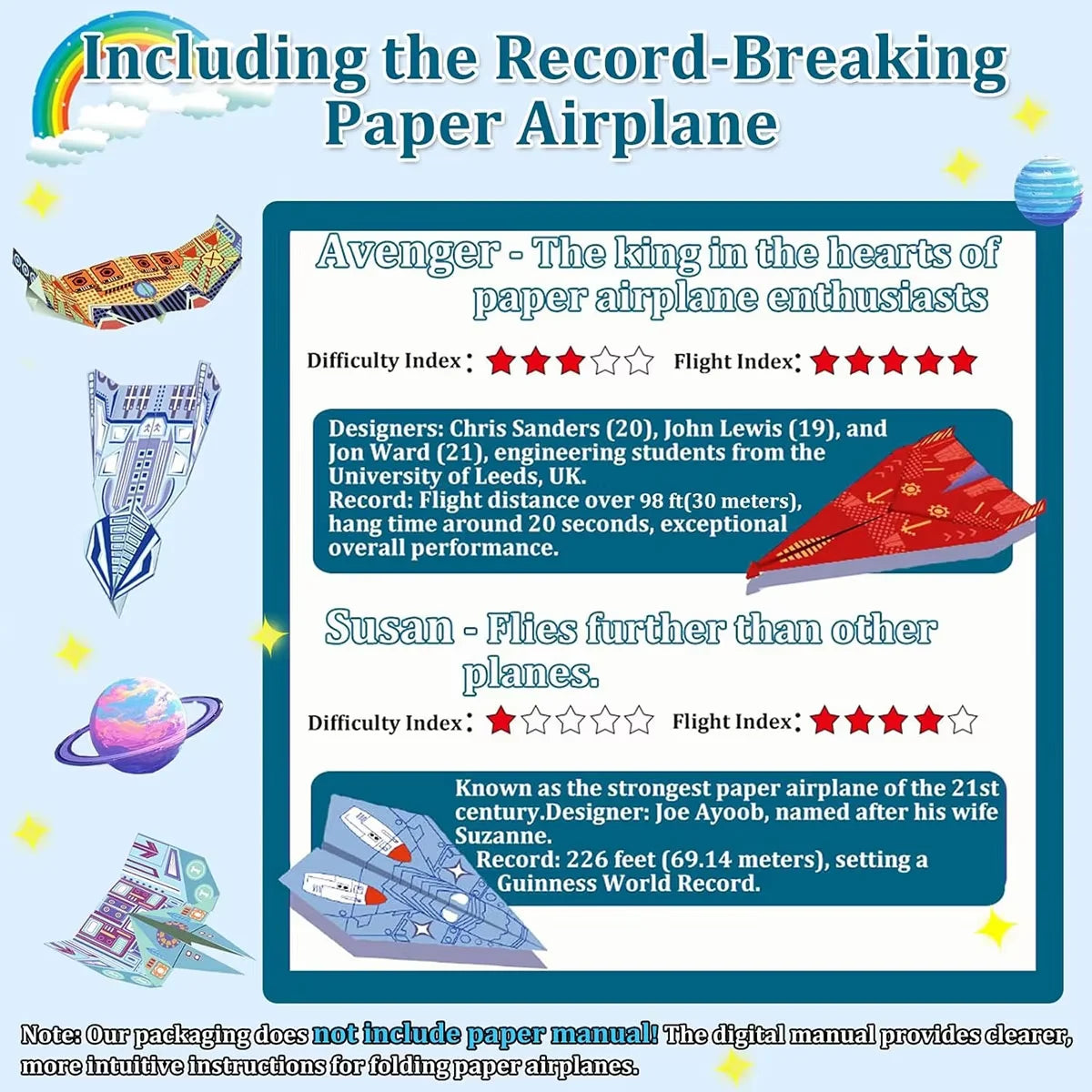 A graphic featuring a record-breaking paper airplane design with text about an Avenger and Susan.