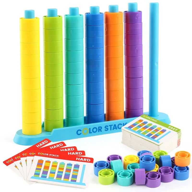 A set of colorful stacking rings in yellow, green, cyan, blue, orange, and purple for early learning and motor skills develop