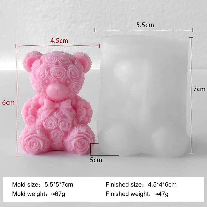 A pink rose bear silicone mold and its finished product, a clear silicone candle, shown with dimensions.