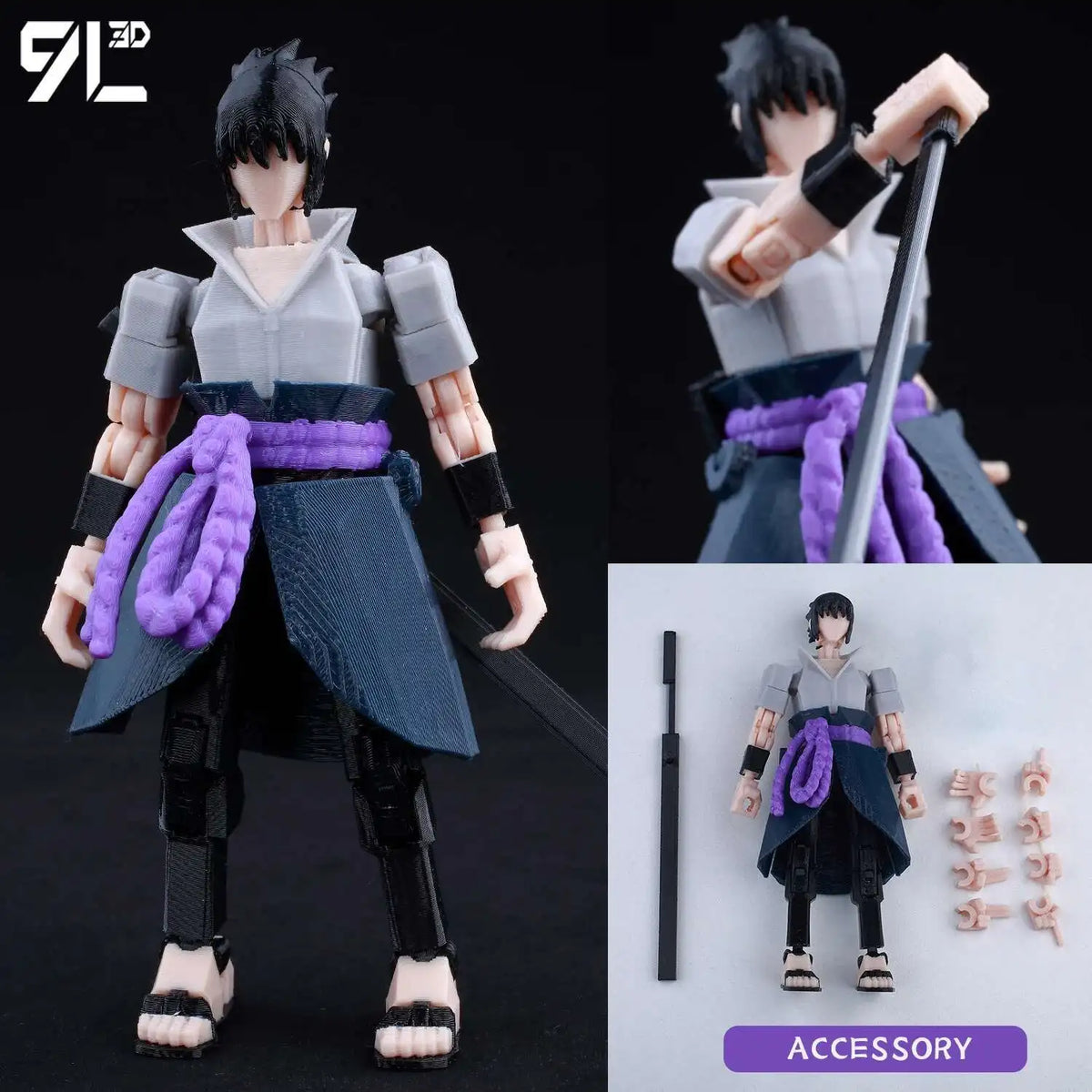 A fully articulated action figure of Jujutsu Kaisen Yuji Itadori in a dark outfit with purple accents.