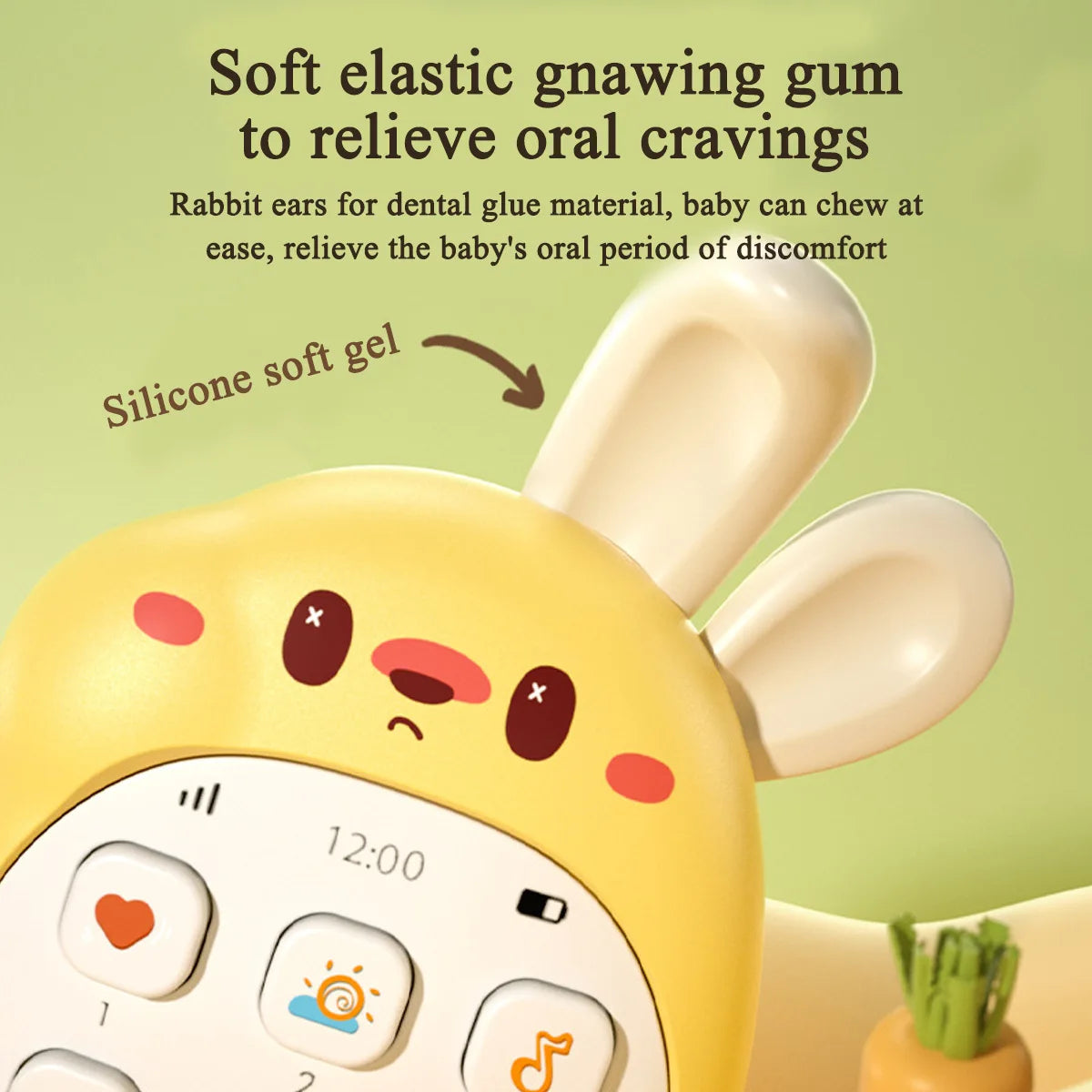A yellow rabbit-shaped toy phone with buttons and a silicone soft gel applicator for relieving oral cravings.