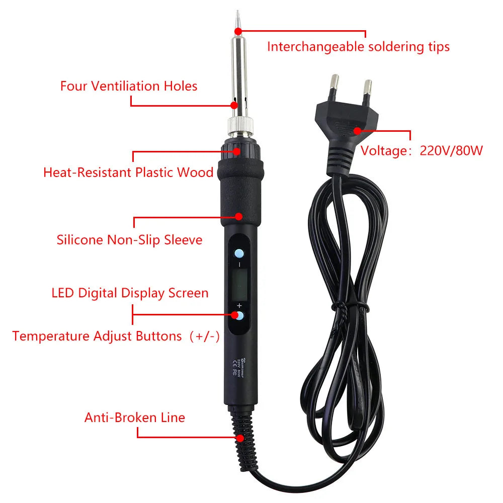 A black precision soldering iron with an interchangeable tip, digital display, temperature adjustment buttons, and a power co