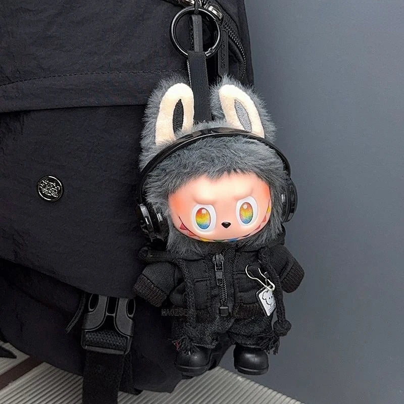 Labubu doll outfit set featuring a black bear hoodie with headphones and a fluffy rabbit ear accessory.