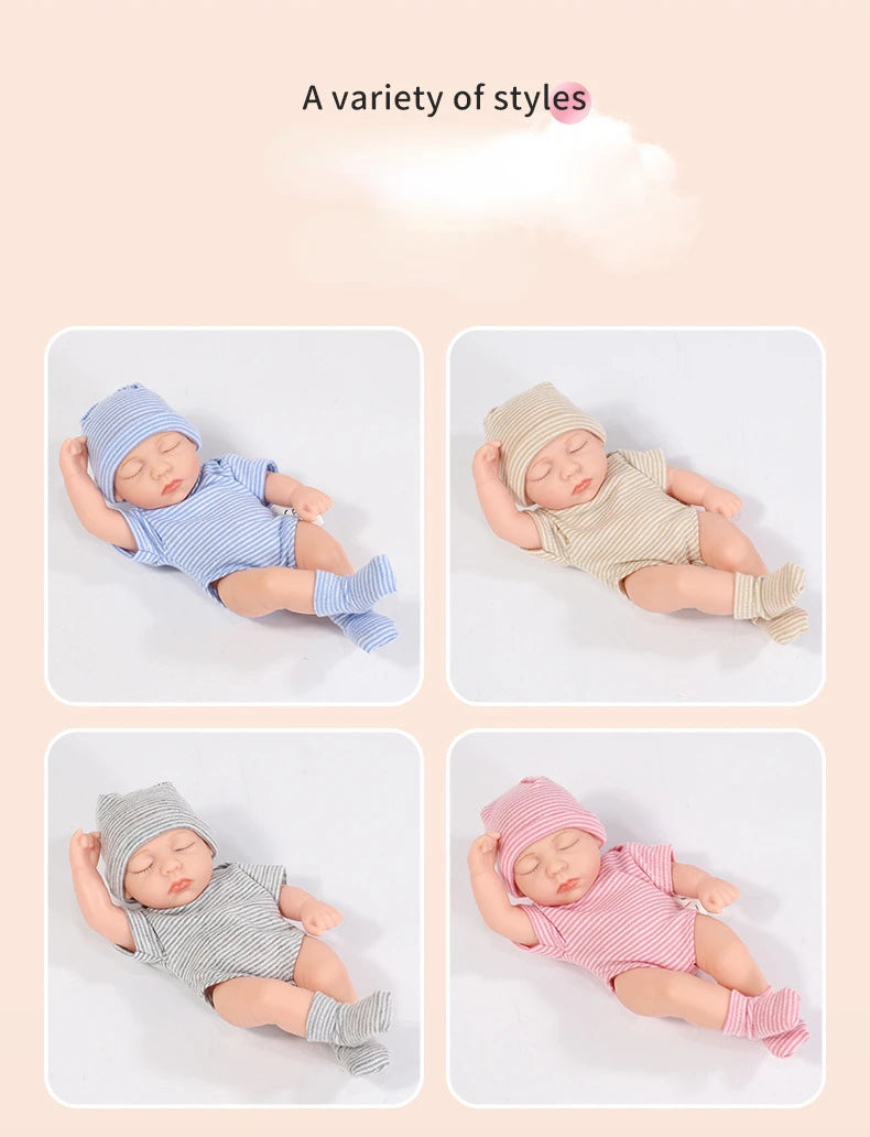 A variety of styles showing three newborn outfits for a baby doll.