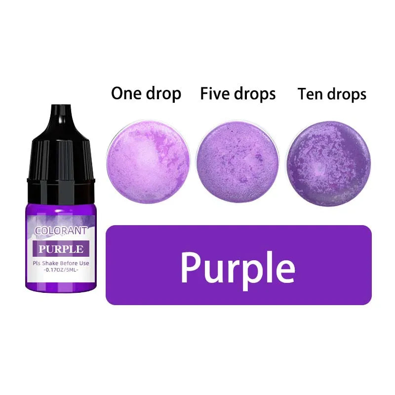 A set of purple liquid candle wax pigment drops showing one, five, and ten drops for purple color.