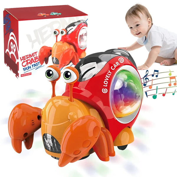 A red and orange interactive crawling crab toy for babies, shown with its packaging box.