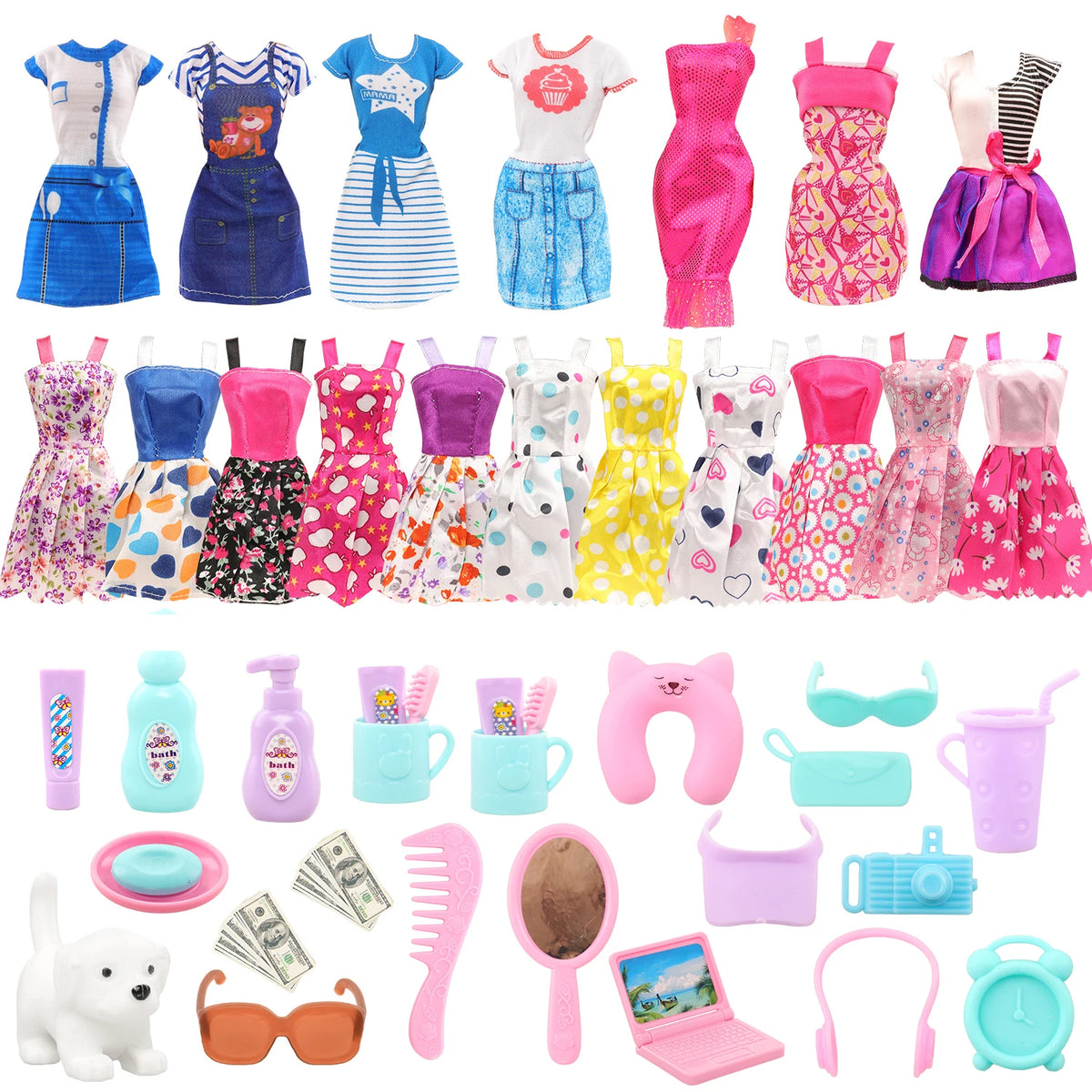 Collection d'accessoires pour poupées colorés, incluant vêtements, cheveux et petits objets pour mini-figurines.