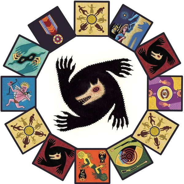 A circular arrangement of strategy cards featuring werewolf themes, including figures and symbols.