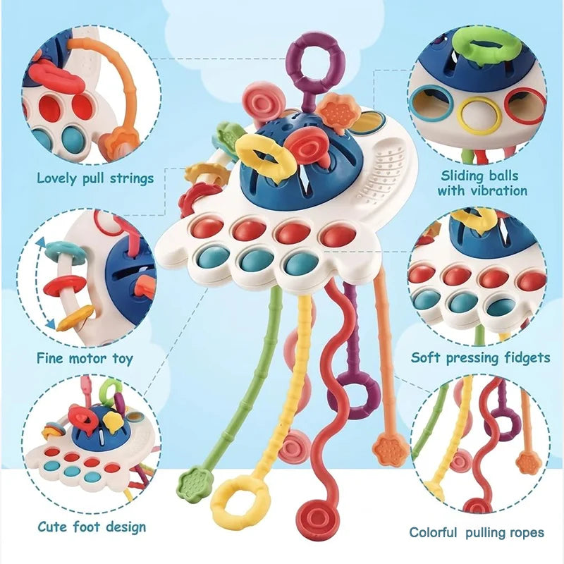 A colorful baby pull-string sensory toy featuring silicone teethers, cute foot design, and soft pressing fidgets.