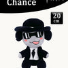 A black plush toy resembling a rabbit wearing sunglasses and a suit, inspired by the Forsaken game.