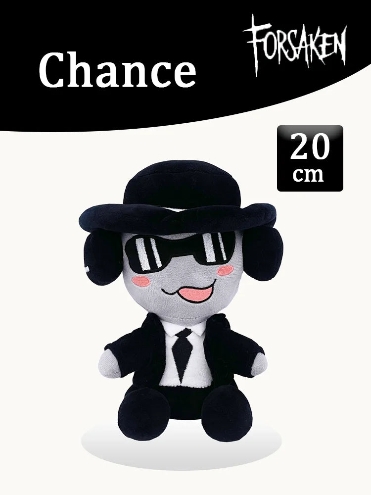 A black plush toy resembling a rabbit wearing sunglasses and a suit, inspired by the Forsaken game.
